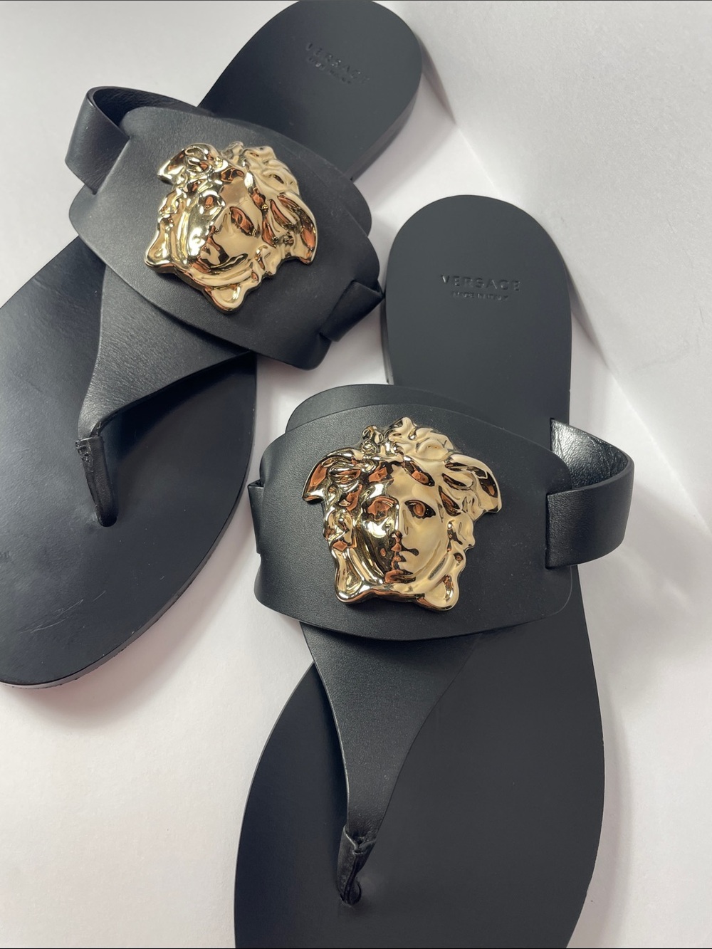 Versace Black Leather Sandals with Gold Medusa Accent